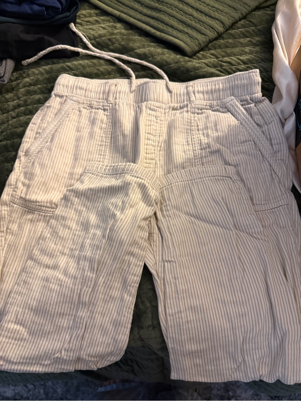 Old Navy Cream and Tan Striped Drawstring Linen Pants